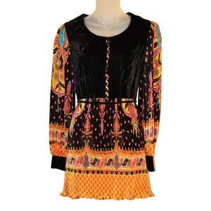 Vintage 1970s Rae Hepburn One Flight Up 5 Mini Dress Pleated Velvet Hippie RARE